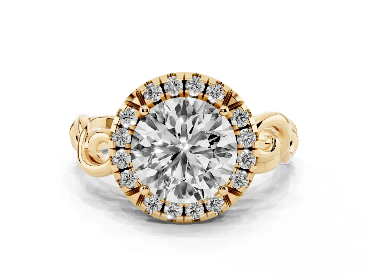 Round Cut Cut Halo Diamond Ring with Scrollwork Band and Four-Prong Setting Yellow gold