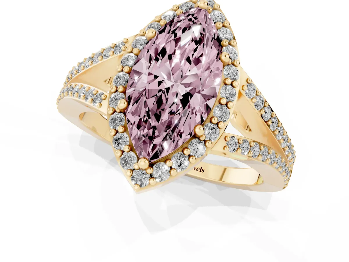 Fancy Pink Marquise Cut Halo Split Shank Diamond Ring with Prong Setting Yellow gold