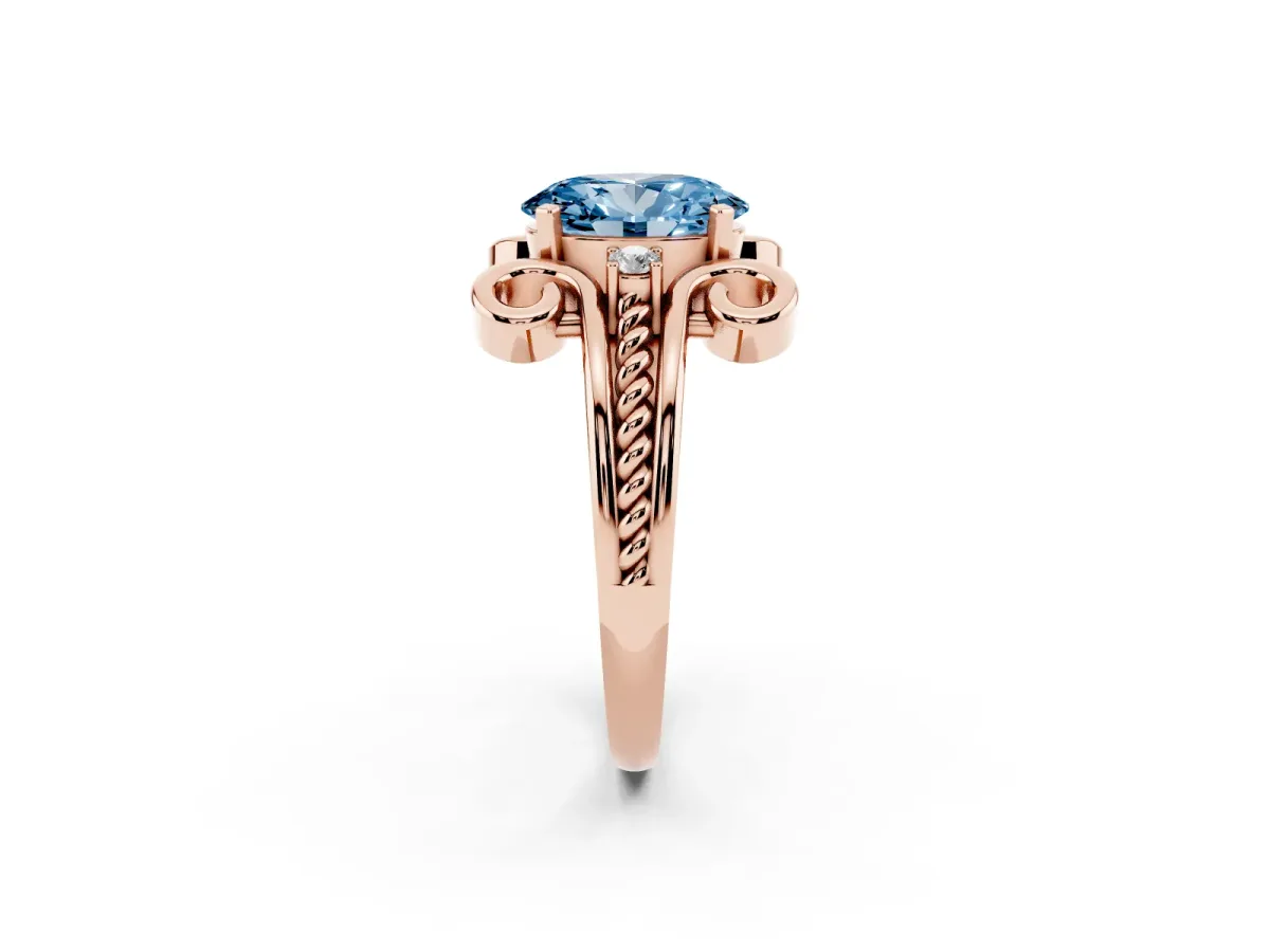 Fancy Blue Oval Cut Solitaire Twisted Band Scroll Prong Ring Rose gold