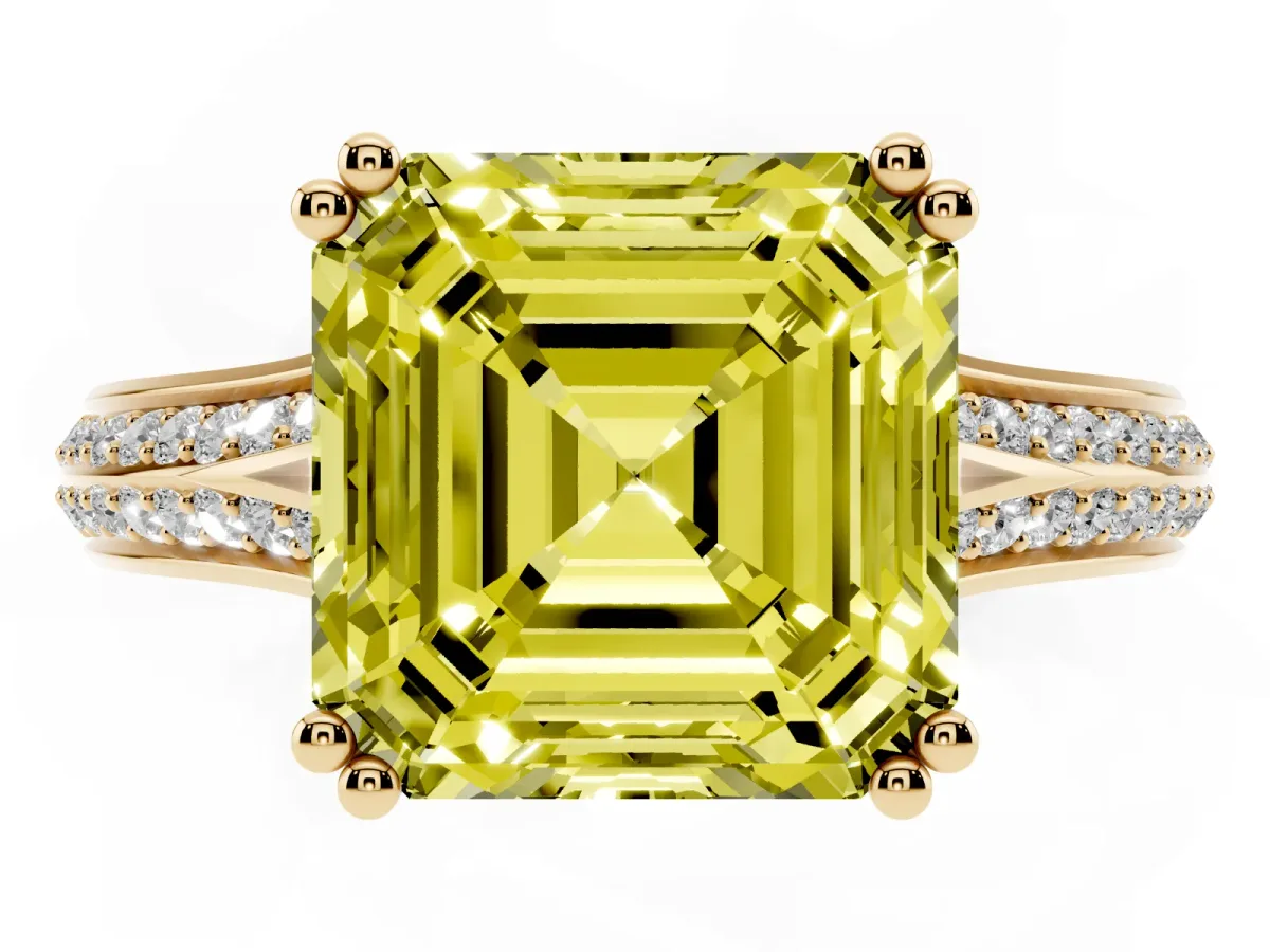 Fancy Yellow Asscher Cut Diamond Split Shank Engagement Ring with Pavé Band Yellow gold