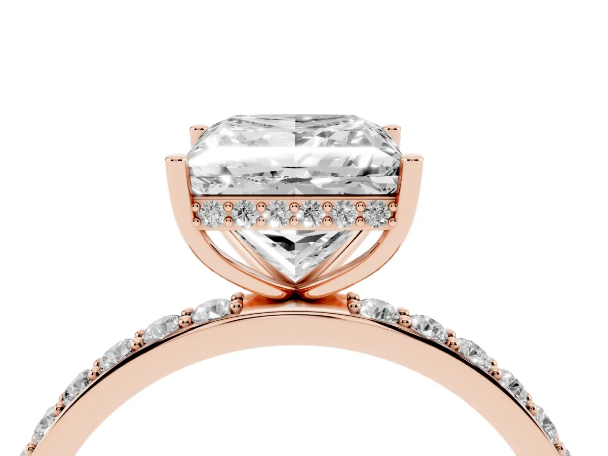 Princess Cut Diamond Solitaire Ring with Pavé Band and Hidden Halo Rose gold