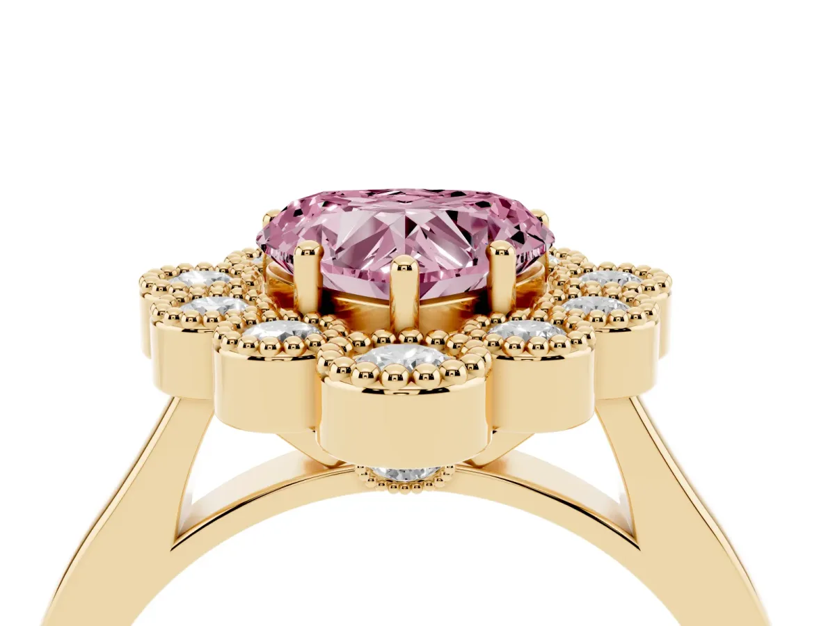 Fancy Pink Heart Cut Halo Diamond Cluster Engagement Ring with Milgrain Bezel Setting and Solitaire Band Yellow gold