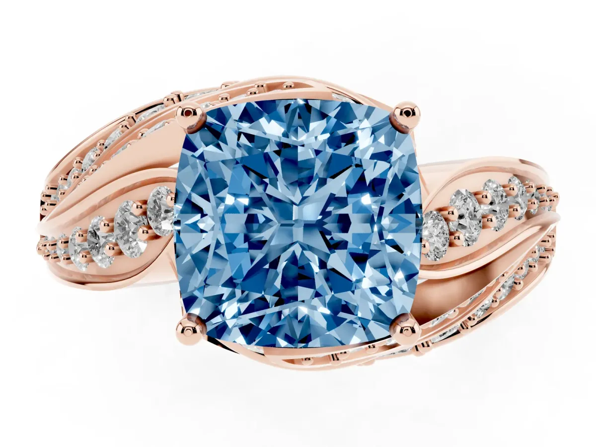 Fancy Blue Cushion Cut Diamond Solitaire Ring with Prong Setting and Twisted Pavé Band Rose gold