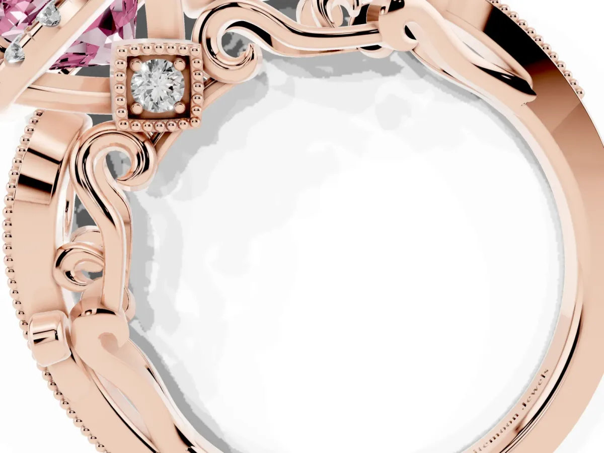 Fancy Pink Cushion Cut Halo Diamond Ring with Milgrain and Bezel Accents on a Split Shank Band Rose gold