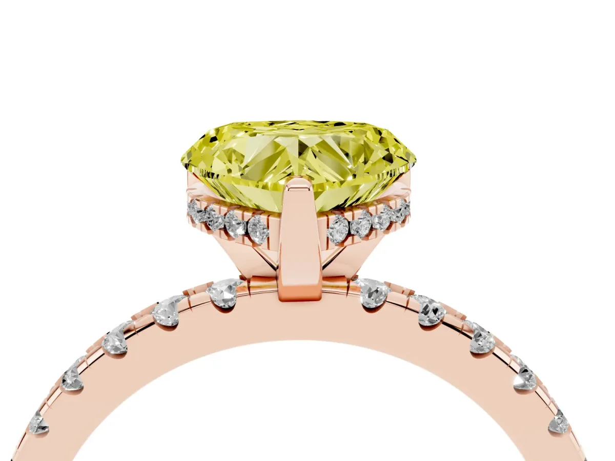 Fancy Yellow Heart Cut Diamond Solitaire Ring with Round Pavé Band and Four-Prong Setting Rose gold