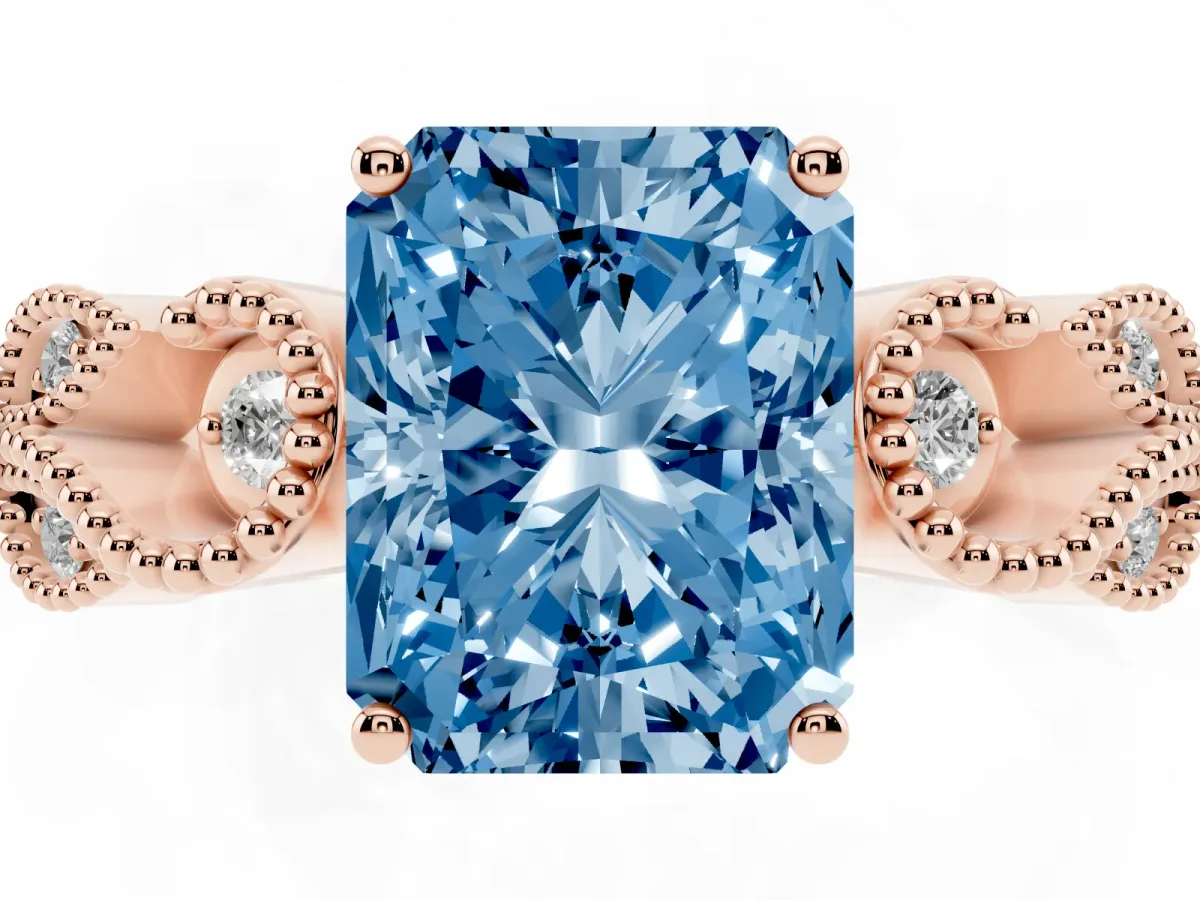 Fancy Blue Princess Cut Solitaire Milgrain Leaf Band with Prong Setting Rose gold
