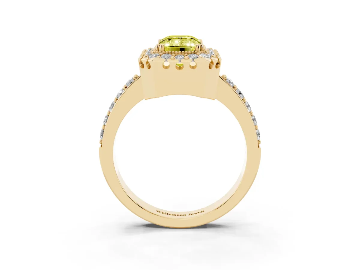 Fancy Yellow Emerald Cut Diamond Halo Ring with Pavé Band and Prong Setting Yellow gold