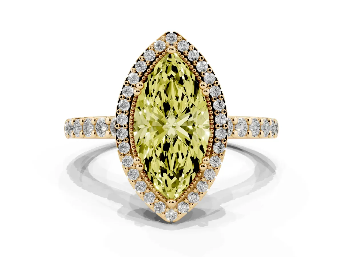 Fancy Yellow Marquise Cut Cut Diamond Halo Engagement Ring with Milgrain Detail and Pavé Band Yellow gold