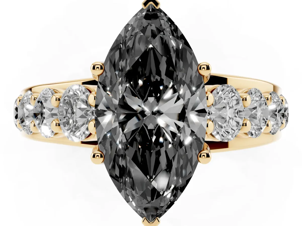 Fancy Black Marquise Cut Diamond Engagement Ring with Pavé Band and Four-Prong Setting Yellow gold