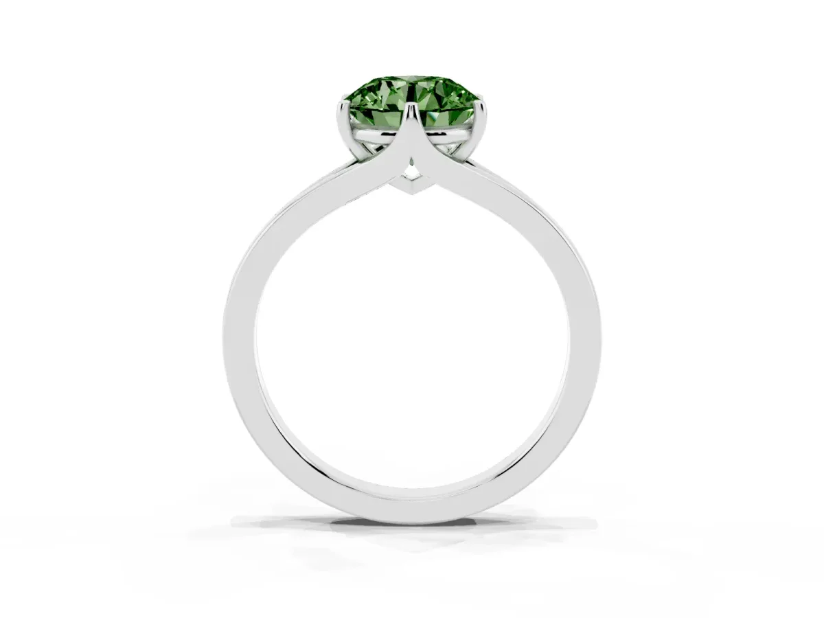 Fancy Green Round Cut Solitaire Diamond Ring with Six-Prong Setting and Tapered Band Silver