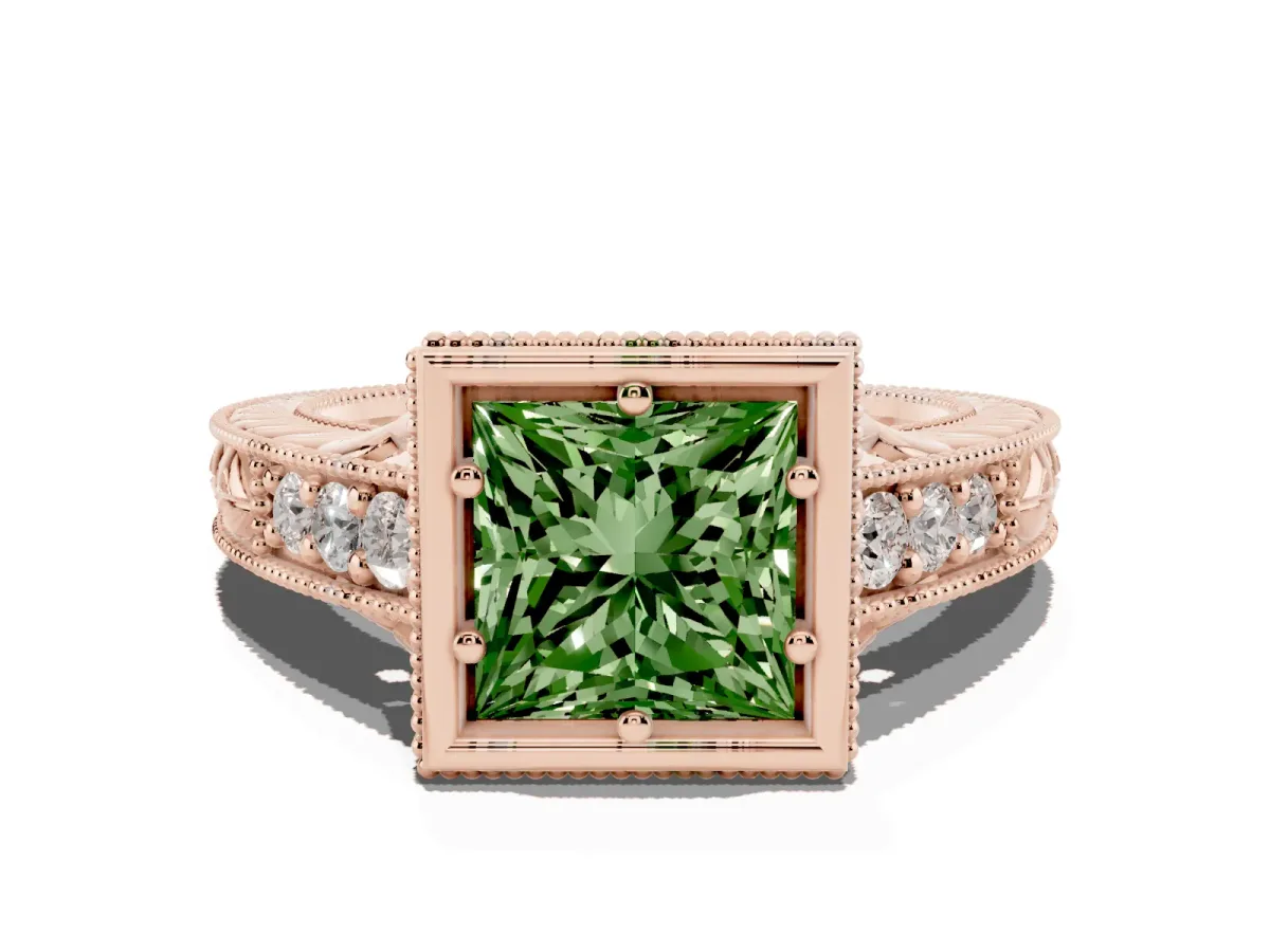 Fancy Green Bezel Set Princess Cut Diamond Milgrain Pave Engagement Ring Rose gold