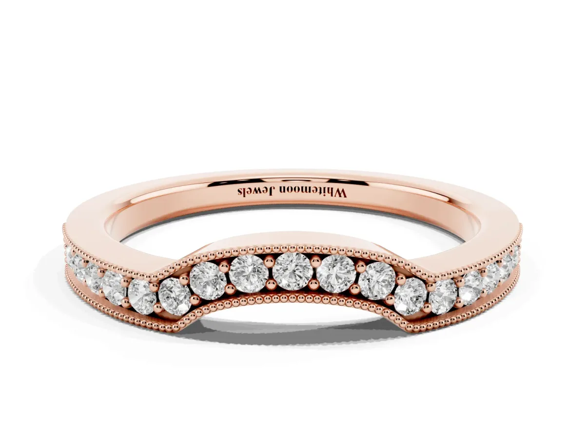 Curved Round Diamond Band with Milgrain Pavé Setting Rose gold
