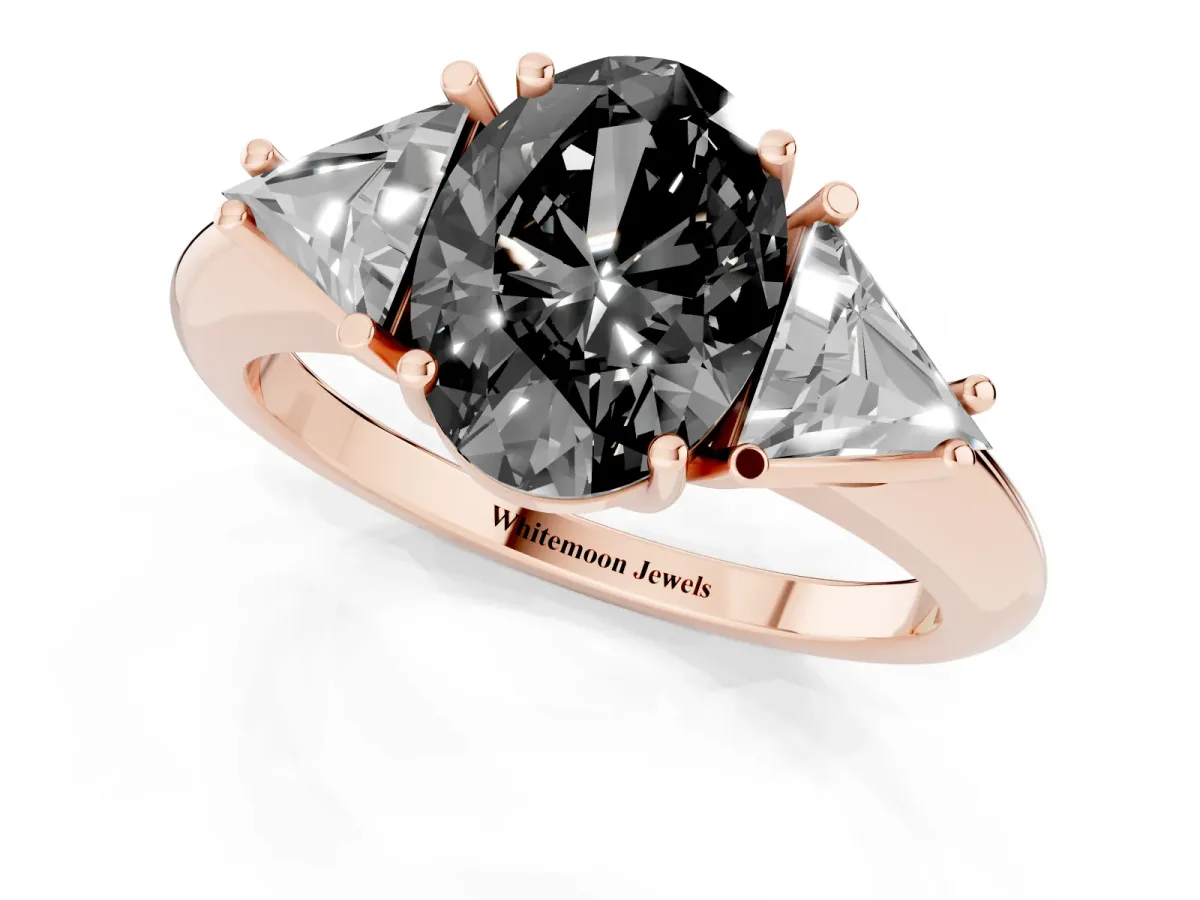 Fancy Black Three-Stone Oval Cut Diamond Engagement Ring with Trillion Side Stones and Prong Setting Rose gold