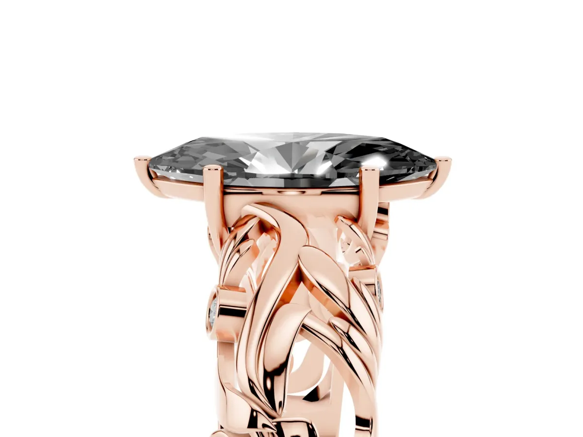 Fancy Black Marquise Cut Solitaire Diamond Leaf-Inspired Vine Band Ring with Prong Setting Rose gold