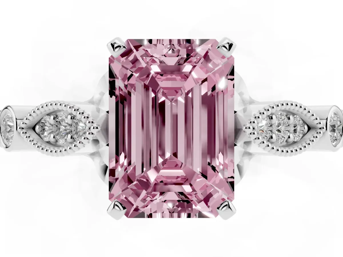 Fancy Pink Emerald Cut Cut Diamond with Milgrain Marquise and Bezel Accents on a Solitaire Band with Prong Setting Silver