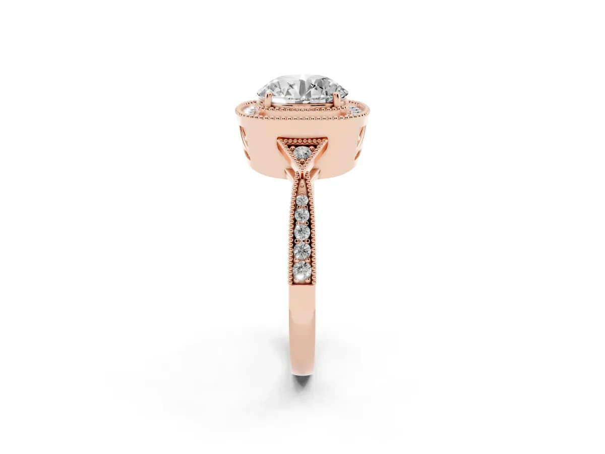 Round Cut Halo Round Diamond Milgrain Pave Engagement Ring Rose gold