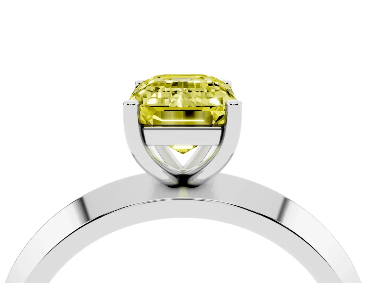 Fancy Yellow Emerald Cut Cut Solitaire Engagement Ring with Flat Band and Four-Prong Setting Silver