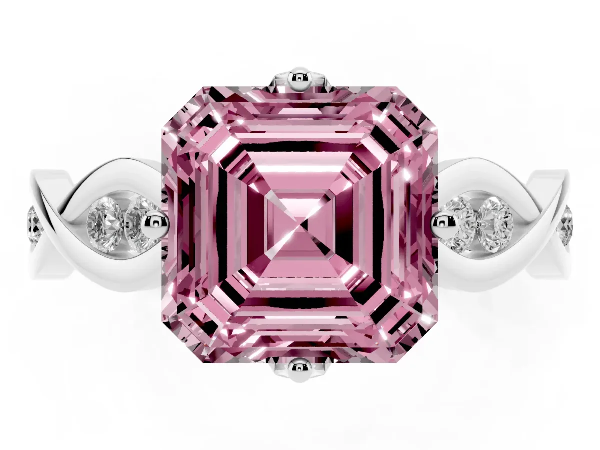 Fancy Pink Asscher Cut Solitaire Twist Band with Leaf Prong Setting Silver