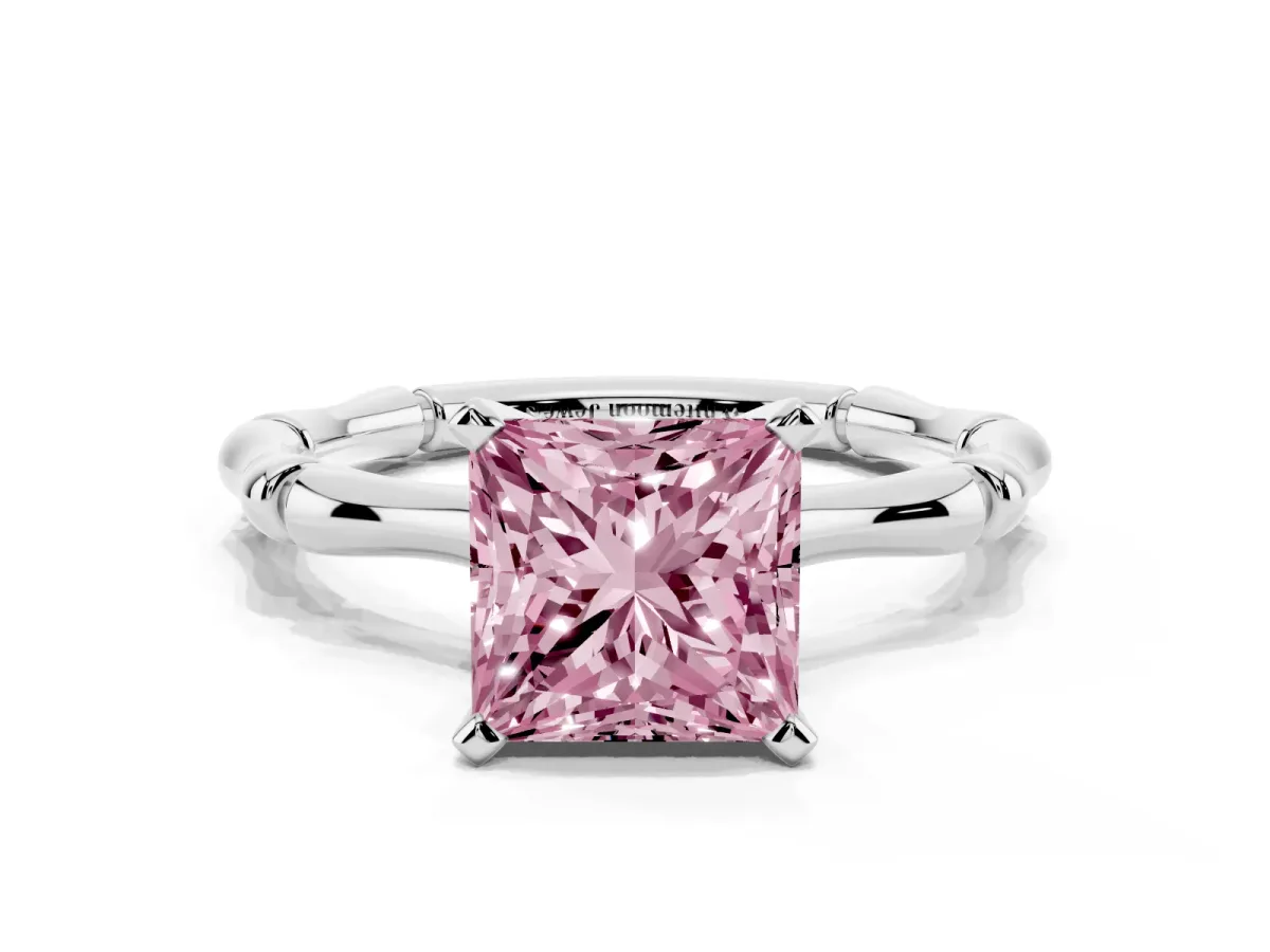 Fancy Pink Princess Cut Solitaire Diamond Ring with Bamboo Band and Four-Prong Setting Silver