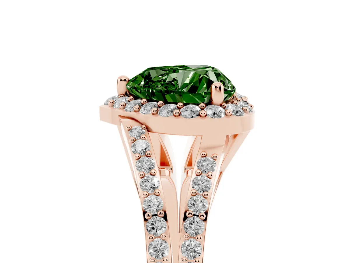 Fancy Green Heart Cut Halo Split Shank Pave Diamond Ring with Four-Prong Setting Rose gold