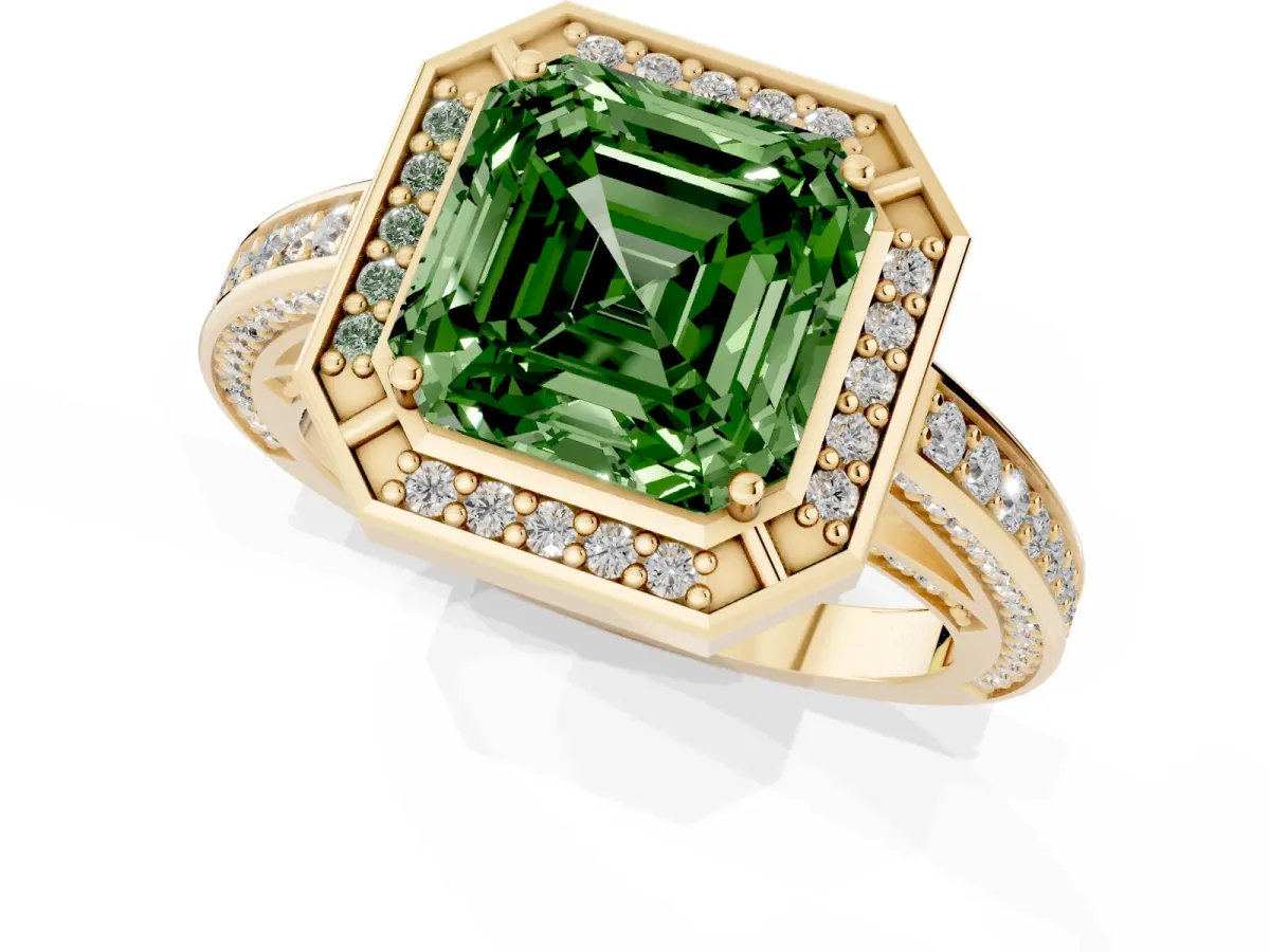 Fancy Green Asscher Cut Cut Halo Pave Split Shank Prong Setting Ring Yellow gold