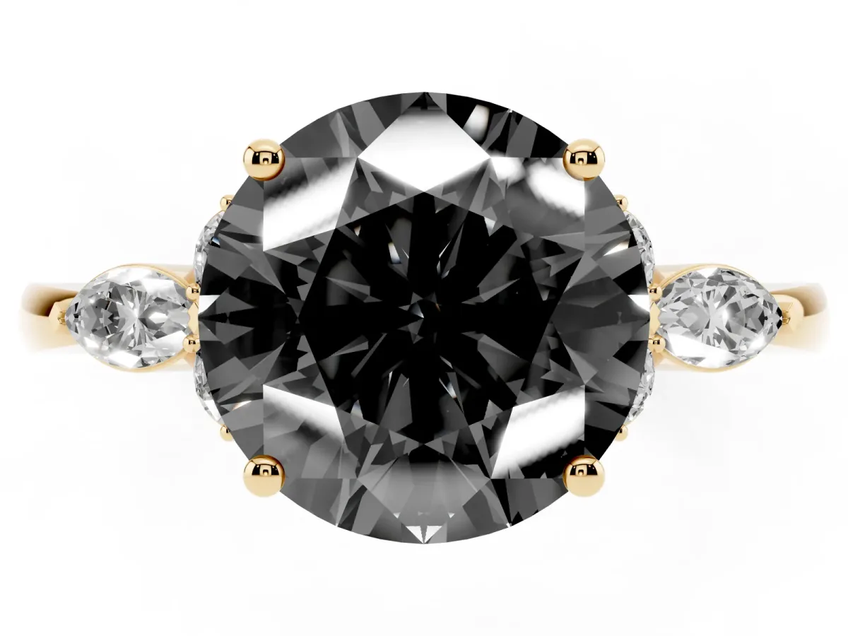 Fancy Black Round Cut Brilliant Diamond Solitaire Ring with Pear Side Stones and Four-Prong Setting Yellow gold