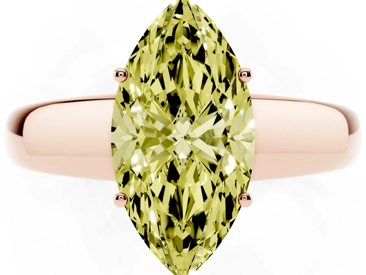 Fancy Yellow Marquise Cut Solitaire Diamond Ring with Tapered Band and Four-Prong Setting Rose gold