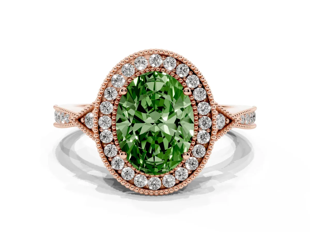 Fancy Green Oval Cut Halo Round Diamond Milgrain Pave Engagement Ring Rose gold