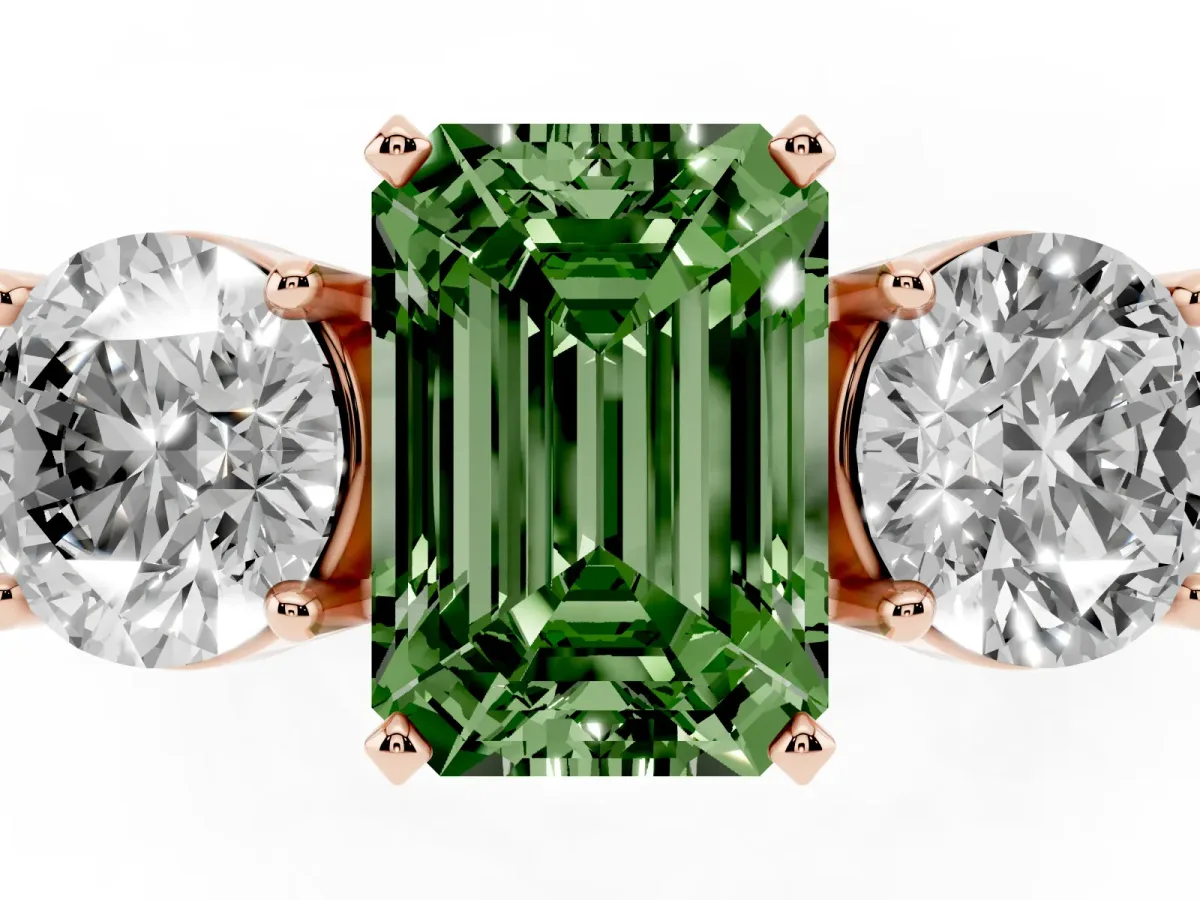 Fancy Green Three-Stone Emerald Cut Diamond Ring with Round Side Stones, Classic Band, and Four-Prong Setting Rose gold