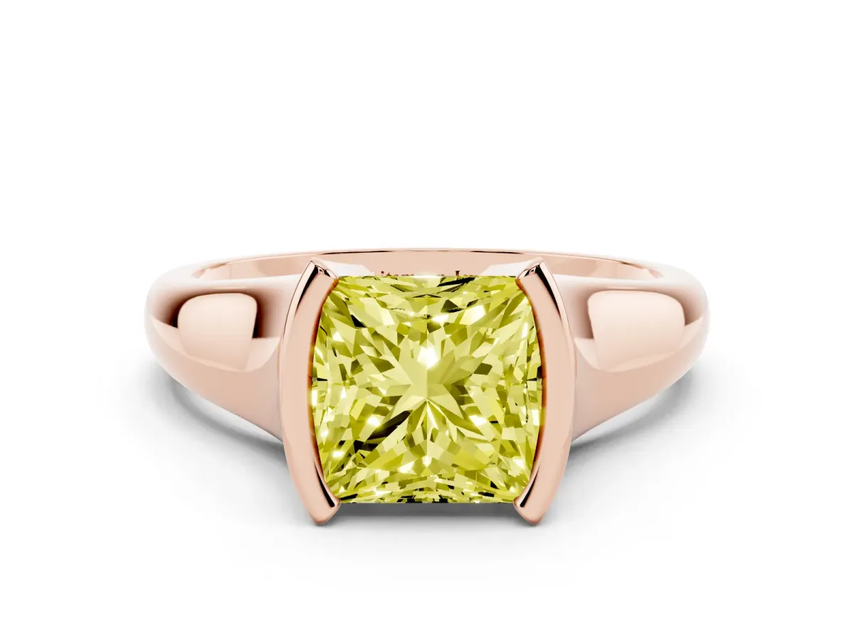 Fancy Yellow Princess Cut Solitaire Tension Set Diamond Ring with Split Shank Band Rose gold