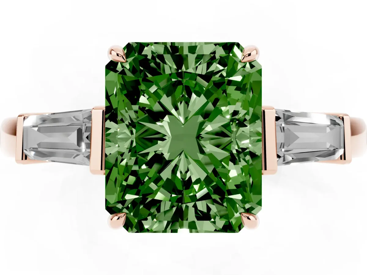 Fancy Green Radiant Cut Diamond Three-Stone Ring with Tapered Baguette Side Stones and Prong Setting Rose gold