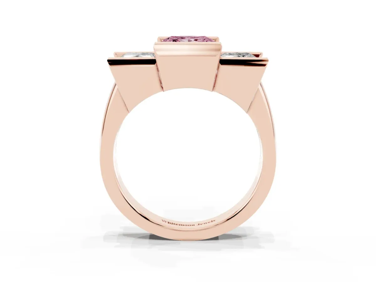 Fancy Pink Three Stone Princess Cut Cut Channel Set Diamond Ring Rose gold