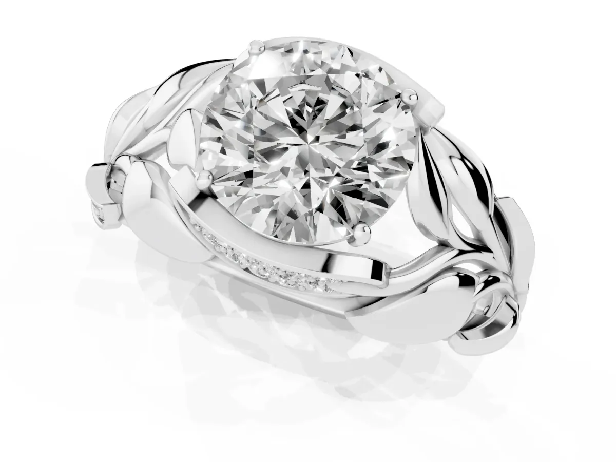 Round Cut Diamond Leaf-Inspired Engagement Ring with Round Accents and Prong Setting Silver