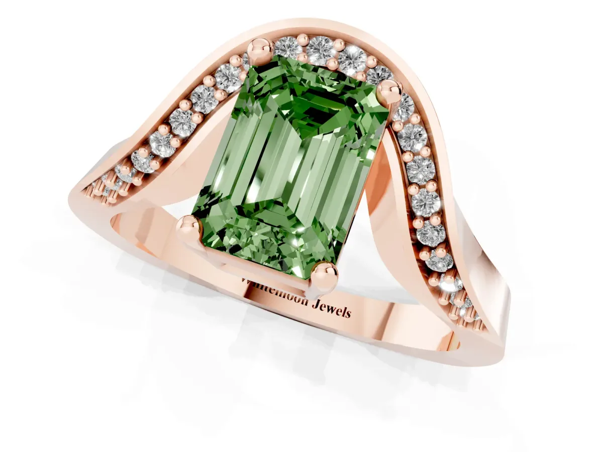 Fancy Green Emerald Cut Solitaire Diamond Engagement Ring with Pave Band and Four-Prong Setting Rose gold