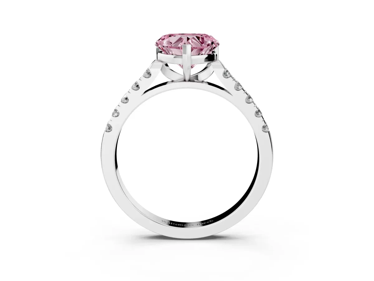 Fancy Pink Heart Cut Diamond Pavé Band Solitaire Ring with Prong Setting Platinum