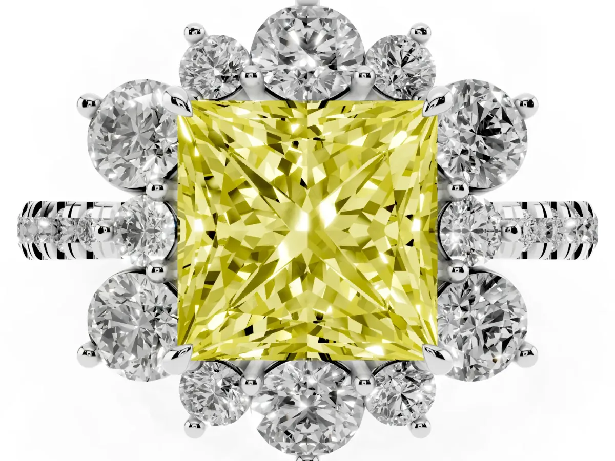 Fancy Yellow Princess Cut Diamond Floral Halo Ring with Round Pavé Band and Prong Setting Silver