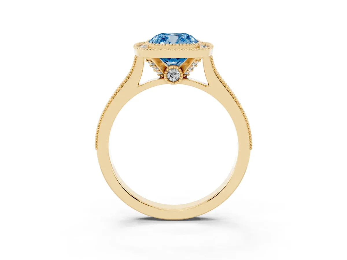 Fancy Blue Halo Cushion Cut-Cut Diamond Pave Band Milgrain Prong Setting Ring Yellow gold