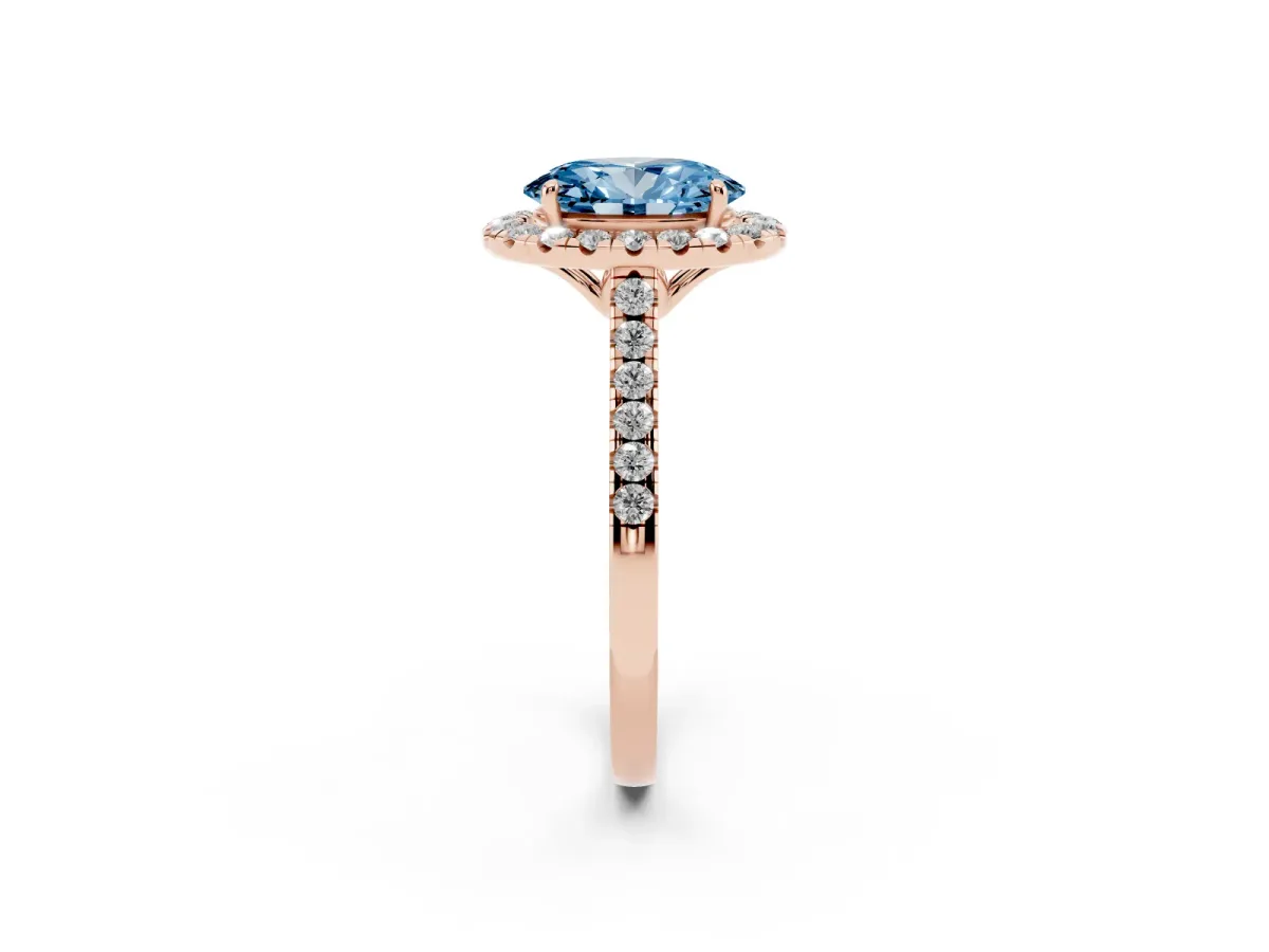 Fancy Blue Oval Cut Halo Pavé Diamond Engagement Ring with Four-Prong Setting Rose gold