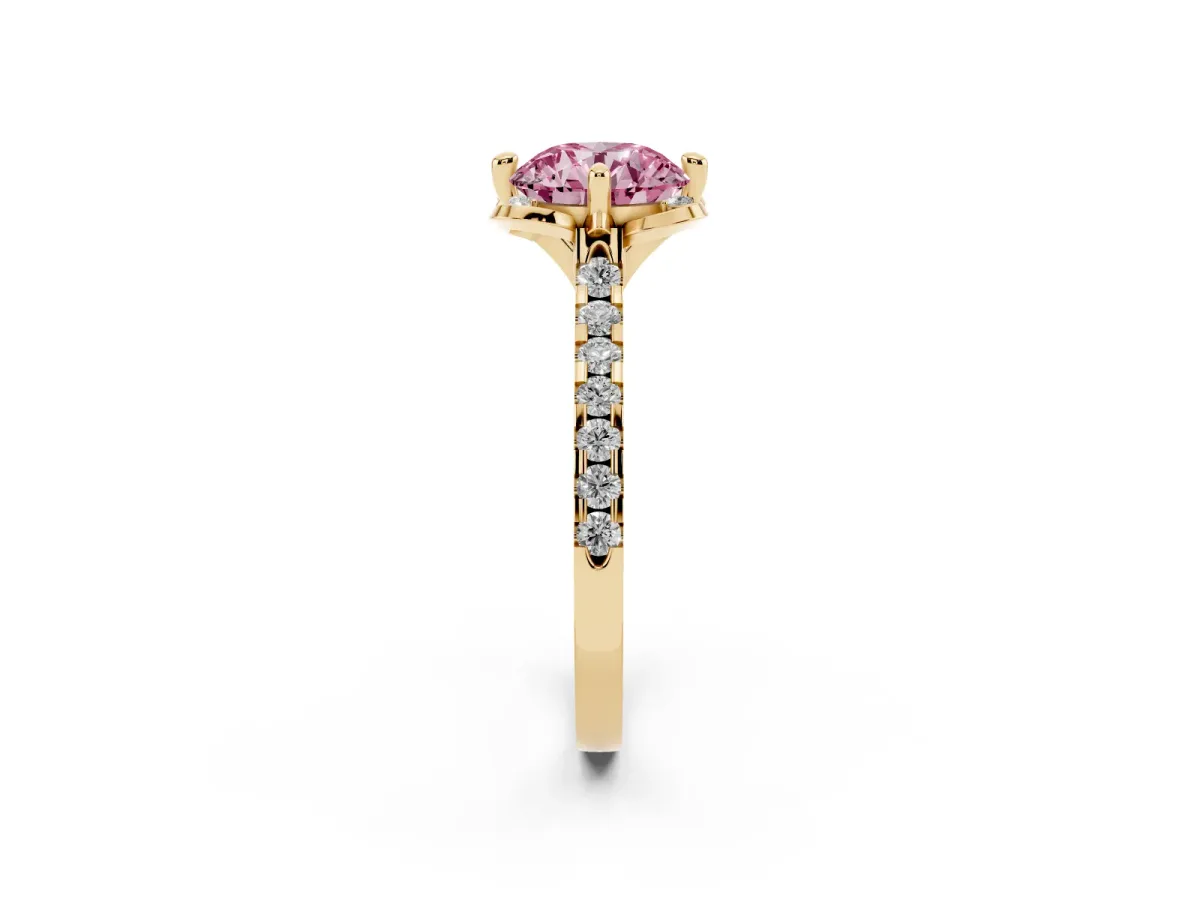 Fancy Pink Round Cut Diamond Ring with Pavé Band and Floral Prong Setting Yellow gold