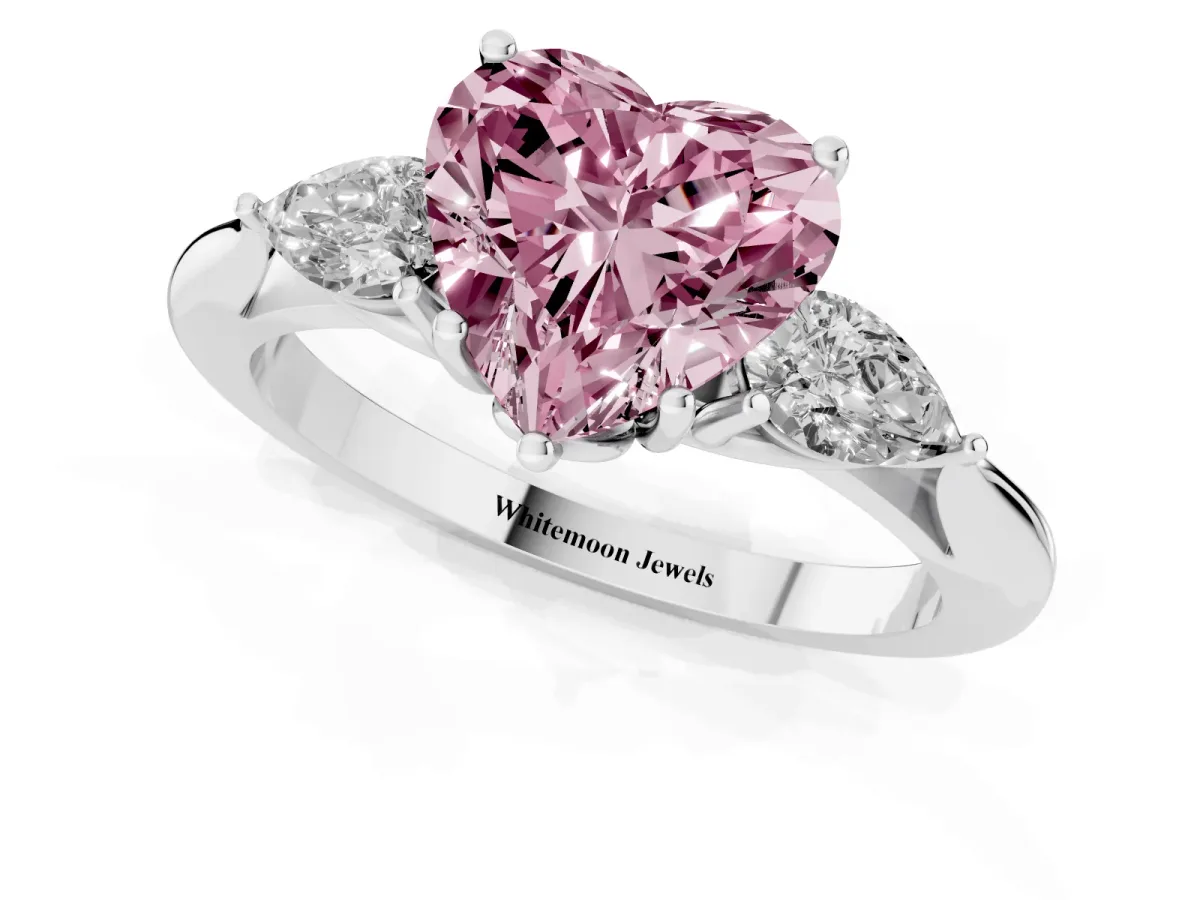 Fancy Pink Heart Cut Diamond Three-Stone Ring with Pear Side Stones and Prong Setting Silver