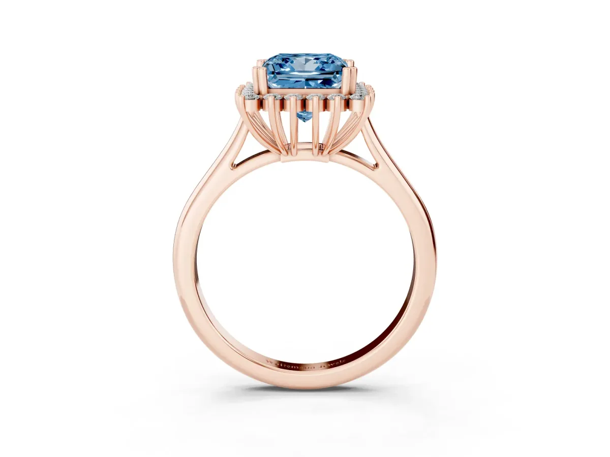 Fancy Blue Princess Cut Cut Diamond Halo Ring with Solitaire Band and Prong Setting Rose gold