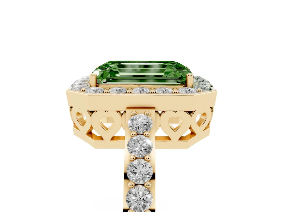 Fancy Green Emerald Cut Halo Diamond Pavé Band Ring with Prong Setting Yellow gold