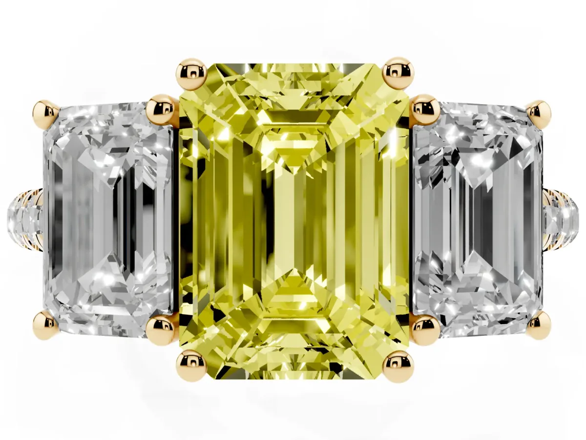 Fancy Yellow Three-Stone Emerald Cut Diamond Ring with Round Pavé Band and Prong Setting Yellow gold