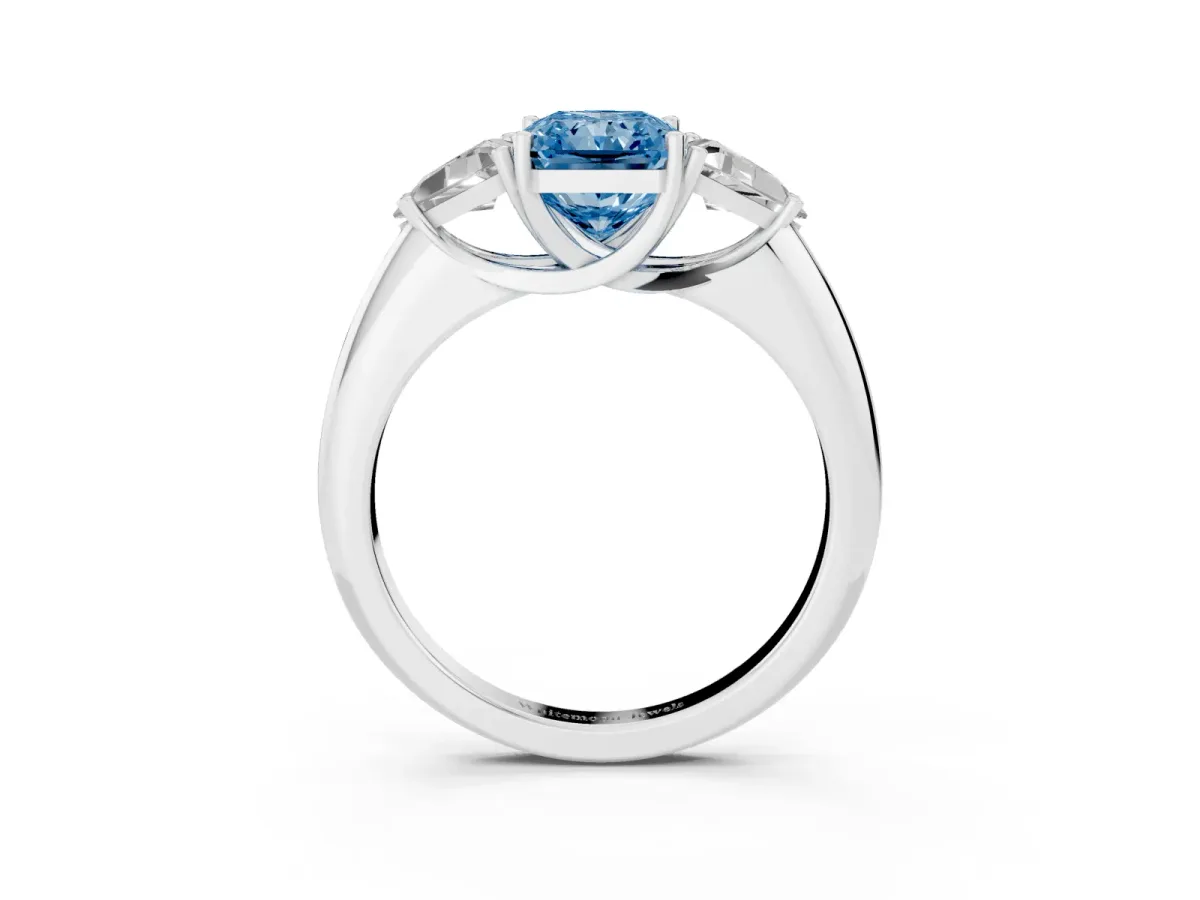 Fancy Blue Three-Stone Radiant Cut Diamond Engagement Ring with Trillion Side Stones and Prong Setting Silver