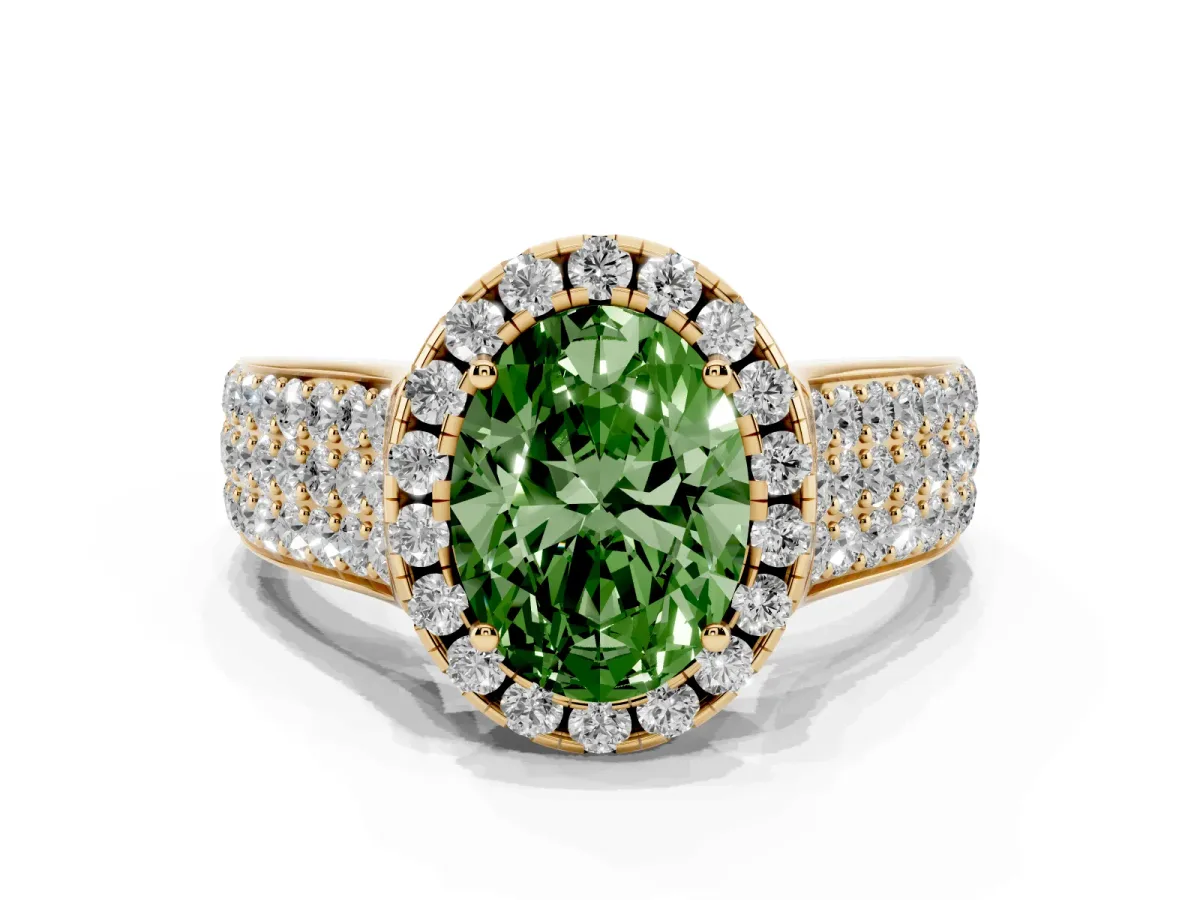 Fancy Green Oval Cut Halo Round Diamond Pave Band with Prong Setting Yellow gold