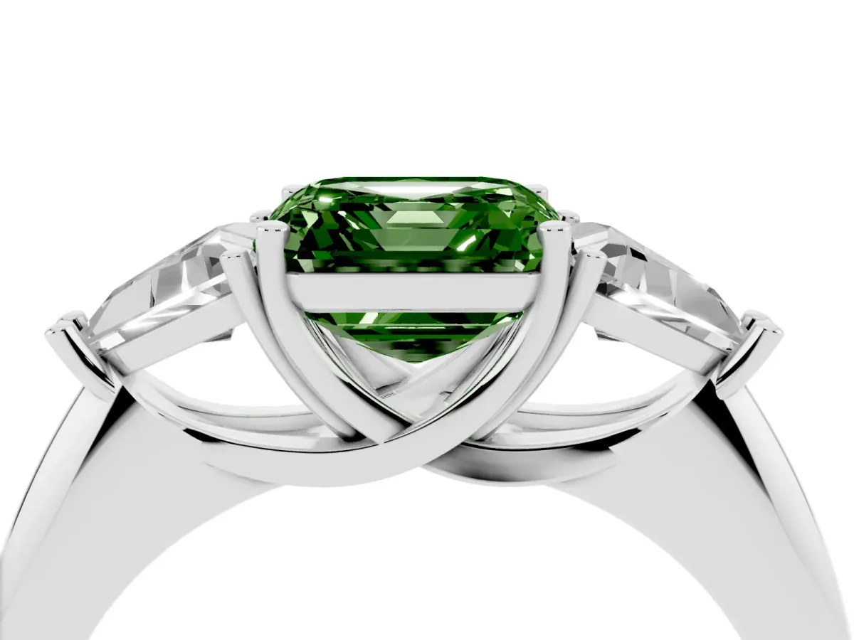 Fancy Green Three-Stone Asscher Cut Diamond Engagement Ring with Trillion Side Stones and Prong Setting Silver