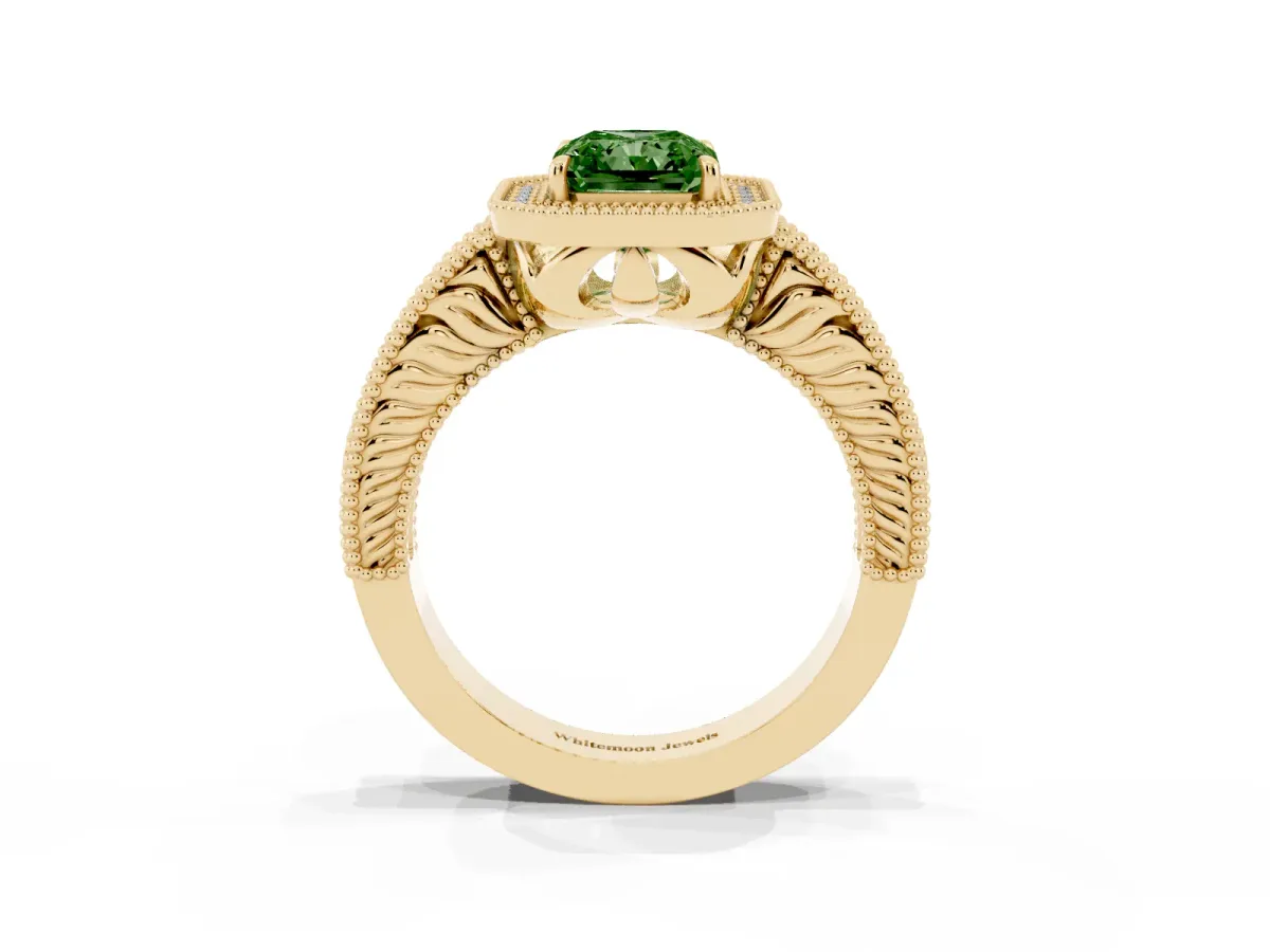 Fancy Green Radiant Cut Cut Halo Diamond Ring with Pavé Band and Four-Prong Setting Yellow gold