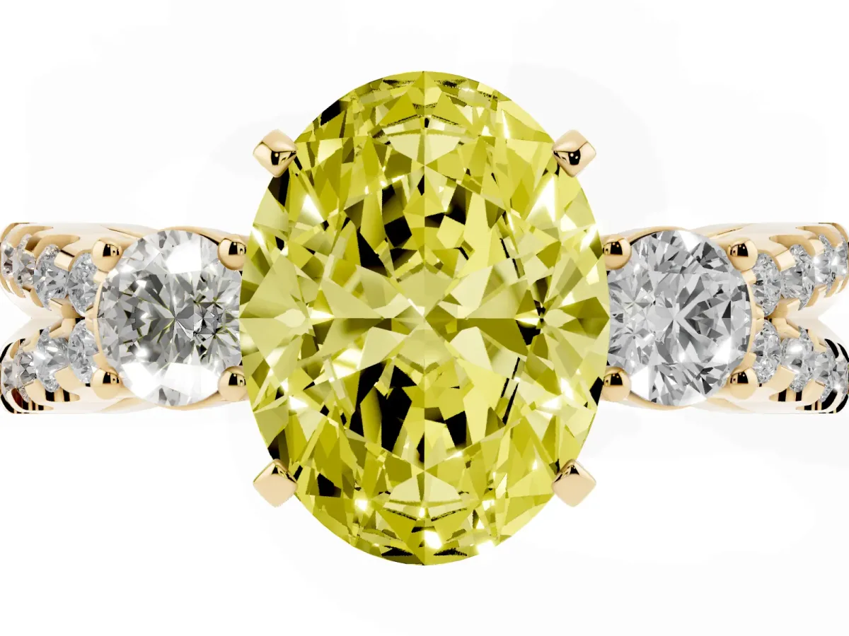 Fancy Yellow Oval Cut Diamond Three-Stone Ring with Pavé Split Shank and Four-Prong Setting Yellow gold