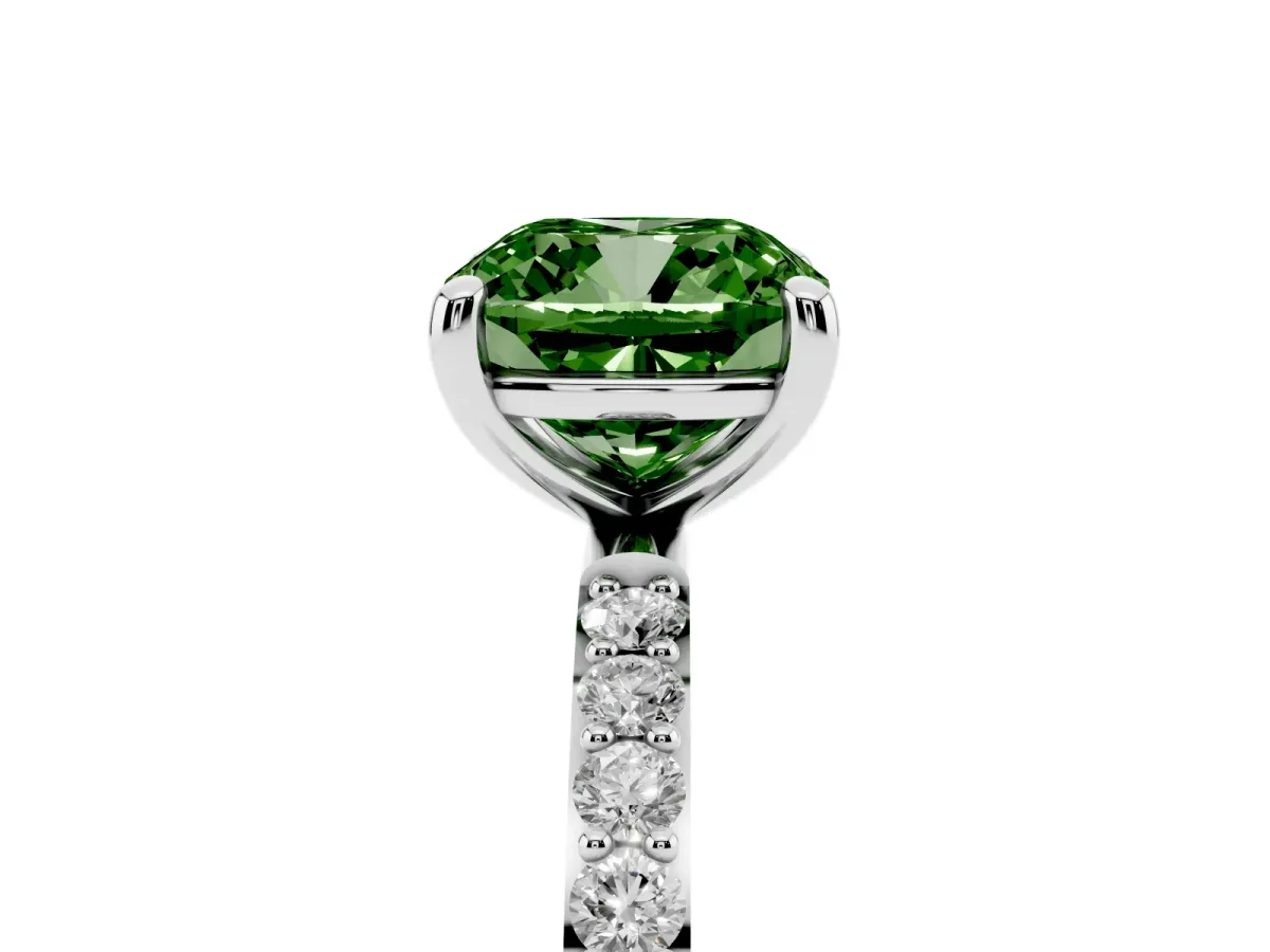 Fancy Green Cushion Cut Diamond Solitaire Ring with Round Pavé Band and Prong Setting Silver