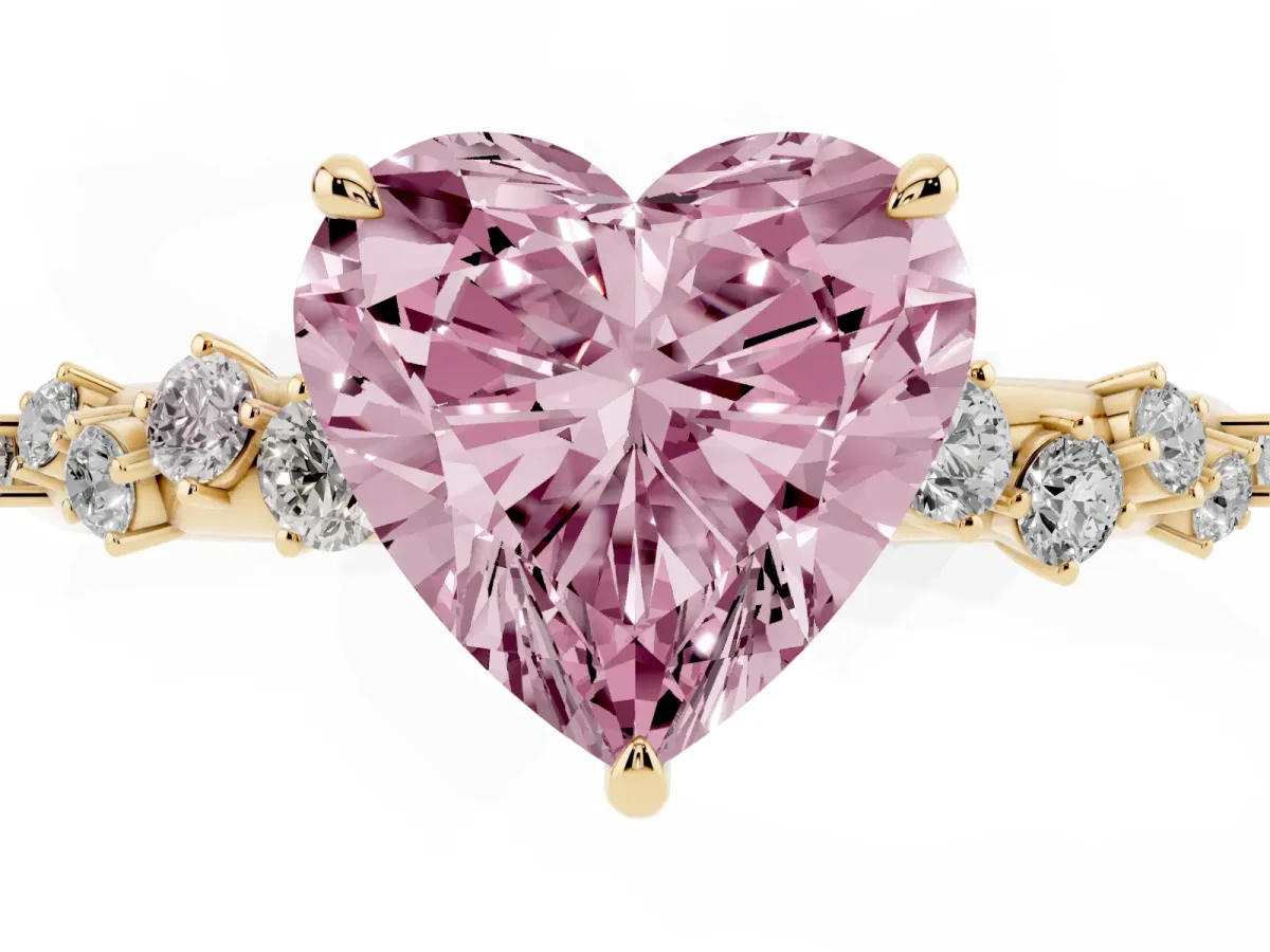 Fancy Pink Heart Cut Diamond Cluster Prong-Set Solitaire Ring Yellow gold
